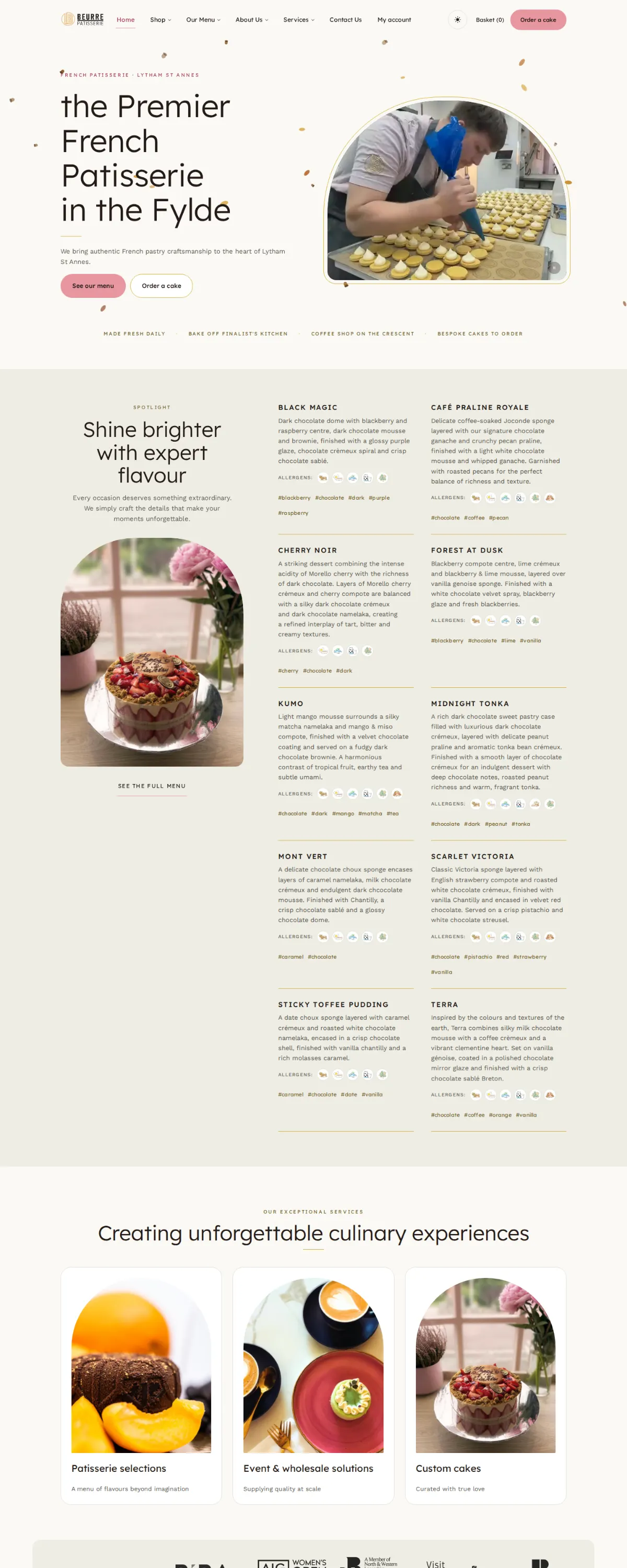 The Beurre Pâtisserie website, full page